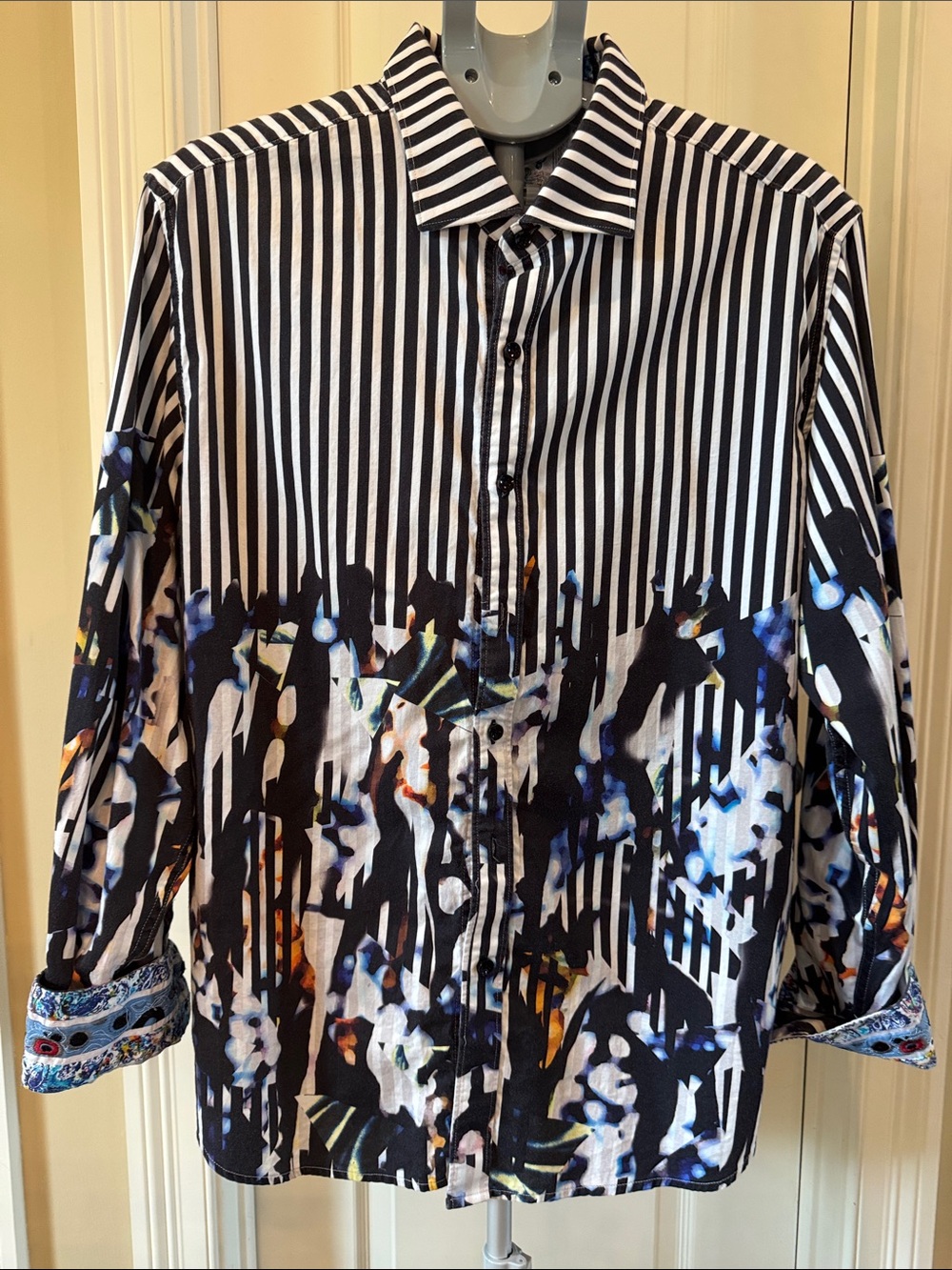 Robert Graham Black & White Striped Button-Down with Multicolor Floral Accents